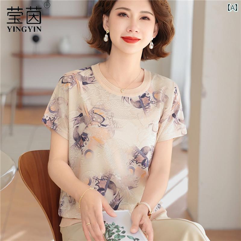 レディース ファッション おしゃれ 春夏 秋　冬 大人 上品 高級 マダム ミス ミセス プレゼント ママ　　夏　ファッション　ラウンドネック　半袖　シャツ　女性　服　ゆったり　T　シャツ　トップス｜YKC8