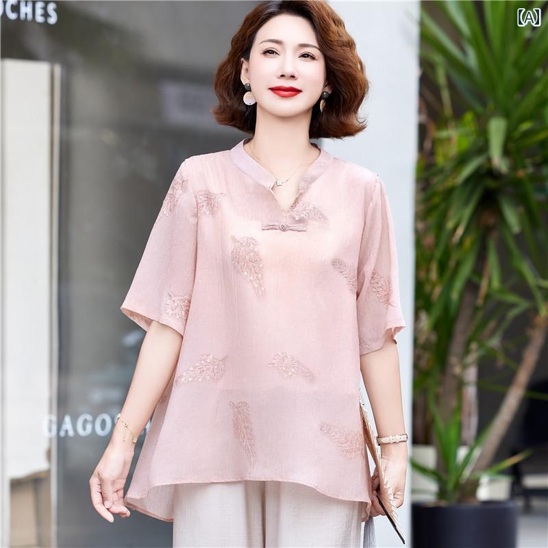 レディース ファッション おしゃれ 春夏 秋 冬 大人 上品 高級 マダム ミス ミセス プレゼント ママ 服 夏 民族風 トップス 洋風 T シャツ 女性 ゆったり 小さい シャツ スーツ|YKC8