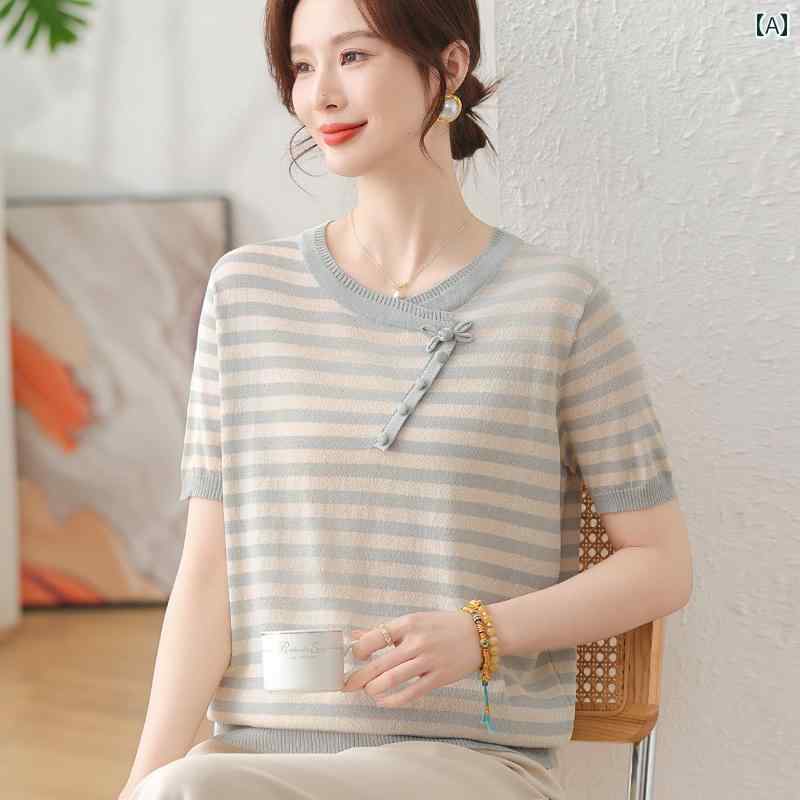 レディース ファッション おしゃれ 春夏 秋　冬 大人 上品 高級 マダム ミス ミセス プレゼント ママ　夏服　冷感　半袖　T　シャツ　ウエスタン　ゆったり　ストライプ　トップス　婦人服　な小さい　シャツ｜YKC8