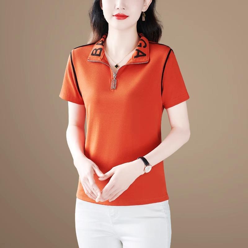 レディース ファッション おしゃれ 春夏 秋冬 大人 上品 高級 マダム ミス ミセス プレゼント 綿 夏 ファッション シンプル カジュアルウェア 半袖 快適 ジッパー スタンドカラー レター プリント 薄手 T シャツ|YKC8