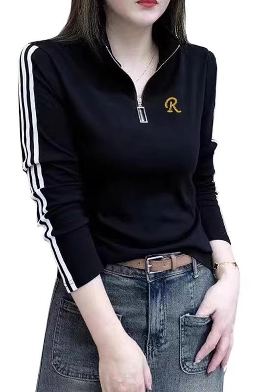 レディース ファッション おしゃれ 春夏 秋冬 大人 上品 高級 マダム ミス ミセス プレゼント 入り ジッパー 半 開 襟 長袖 T シャツ スタンドカラー 早春夏 綿 スリムトップス 文字｜YKC8