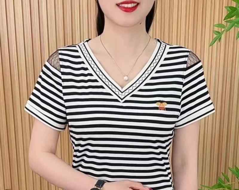 レディース ファッション おしゃれ 春夏 秋 冬 大人 上品 高級 マダム ミス ミセス プレゼント ママ 夏 ゆったり レディース Vネックトップス ファッション レディース 服 洋風 ストライプ 半袖 シャツ|YKC8