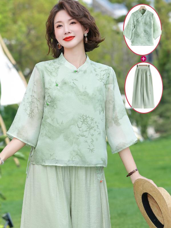 レディース ファッション おしゃれ 春夏 秋 冬 大人 上品 高級 マダム ミス ミセス プレゼント ママ 夏 ファッション スーツ 女性 漢服 シフォン トップ パンツ スカート ツーピース スーツ|YKC8