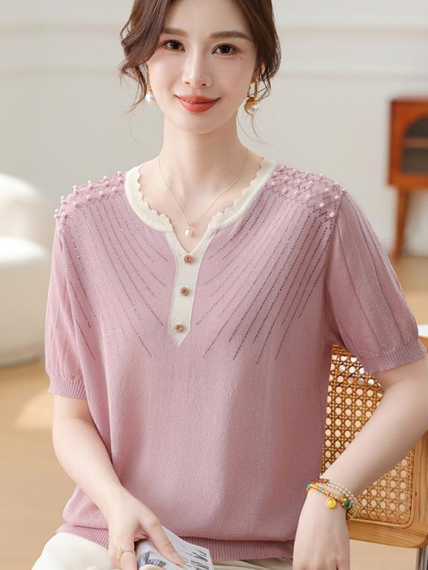 レディース ファッション おしゃれ 春夏 秋 冬 大人 上品 高級 マダム ミス ミセス プレゼント 西洋 母 夏 薄手 ニット トップス 女性ゆったり 半袖 T シャツ 夏 パンツ セット パール