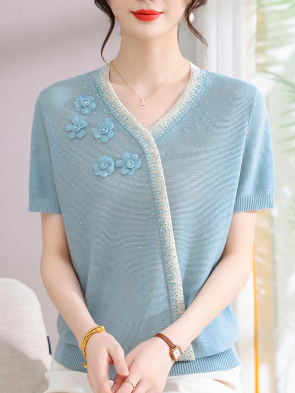 レディース ファッション おしゃれ 春夏 秋冬 大人 上品 高級 マダム ミス ミセス プレゼント 若々しい夏 トップス ニット 半袖 T シャツ 女性 氷シャツ パンツ セット|YKC8