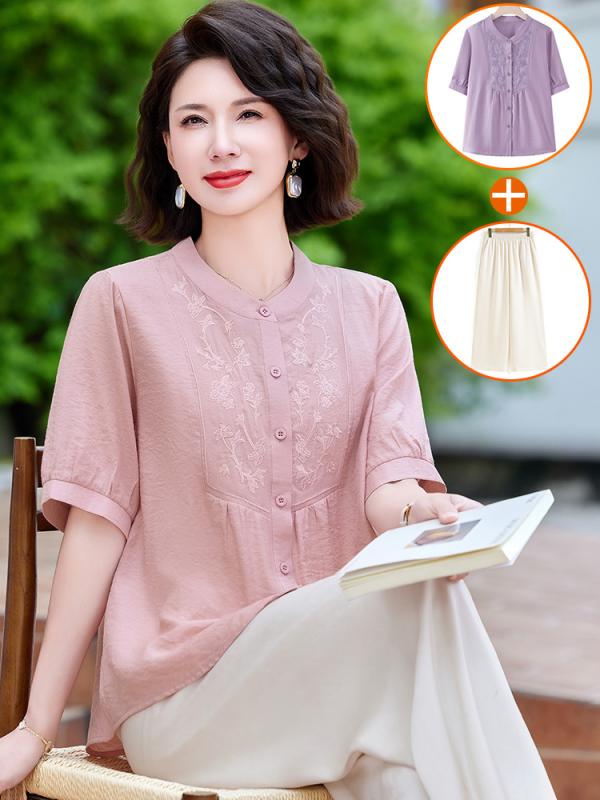 レディース ファッション おしゃれ 春夏 秋冬 大人 上品 高級 マダム ミス ミセス プレゼント 母 日 ママ サマー スーツスタイル コットン& リネン 半袖 女性用 夏 シンプル パンツ セット