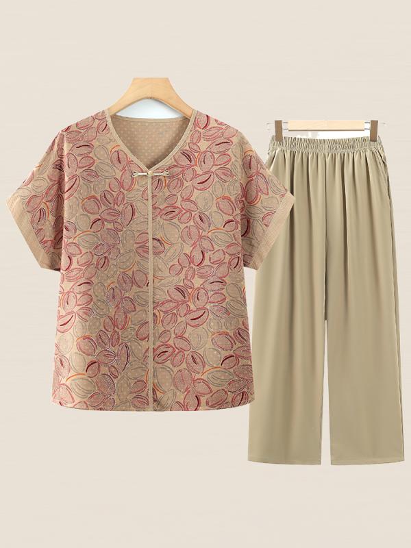 レディース ファッション おしゃれ 春夏 秋冬 大人 上品 高級 マダム ミス ミセス プレゼント 女性 夏 半袖 T シャツ 新型 トップス 母 夏 薄手 サテン 花 パンツ セット 6,029円