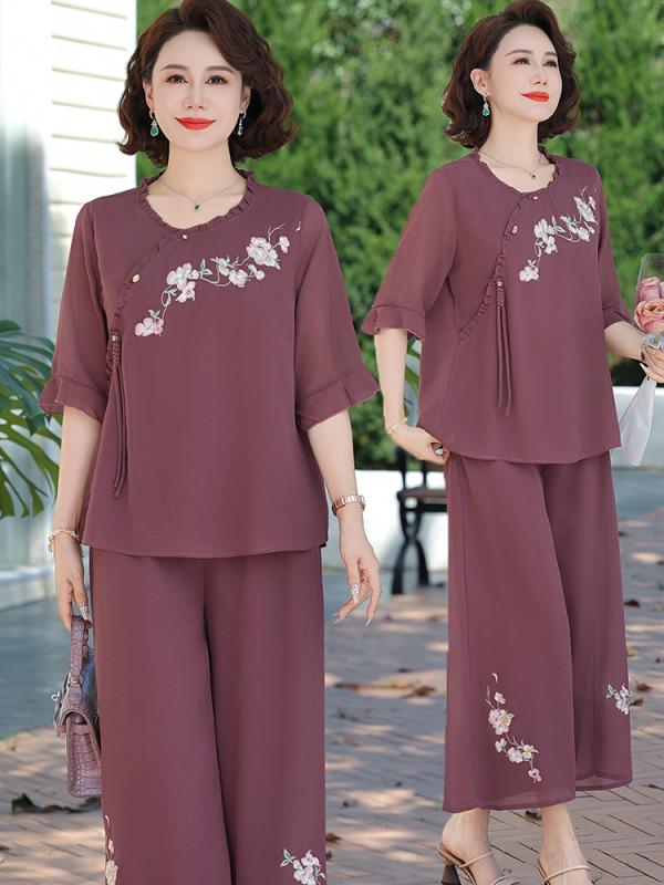 レディース ファッション おしゃれ 春夏 秋冬 大人 上品 高級 マダム ミス ミセス プレゼント 女性 夏服 新型 半袖 シャツ 母 春夏 トップス ツーピース パンツ セット シンプル｜YKC8