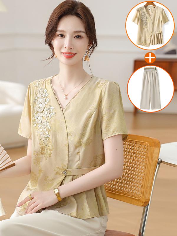 レディース ファッション おしゃれ 春夏 秋 冬 大人 上品 高級 マダム ミス ミセス プレゼント 若々しい夏 ドレススタイリッシュ 半袖 シャツ トップ 婦人服 民族風 スーツ|YKC8