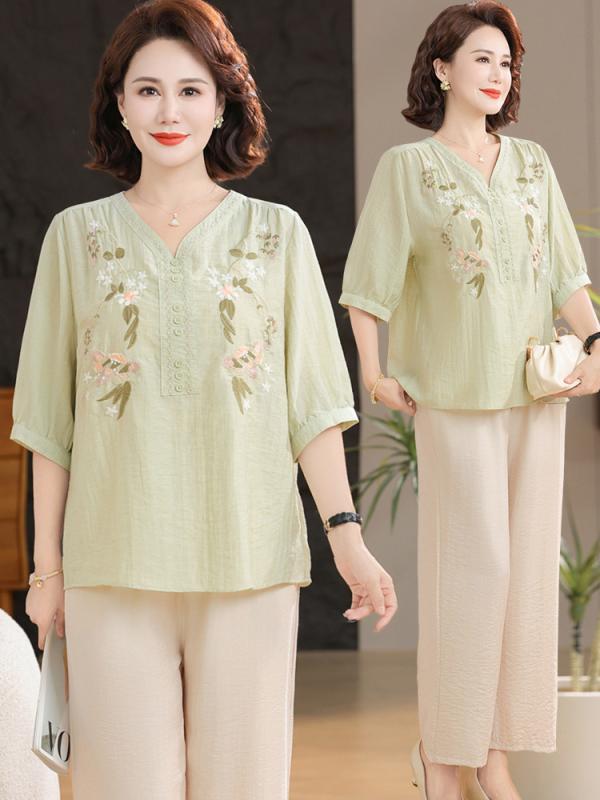 レディース ファッション おしゃれ 春夏 秋冬 大人 上品 高級 マダム ミス ミセス プレゼント ママ 夏服 半袖 コットンリネン スーツ 女性 夏 洋風 シャツ 花 シンプル パンツ セット|YKC8