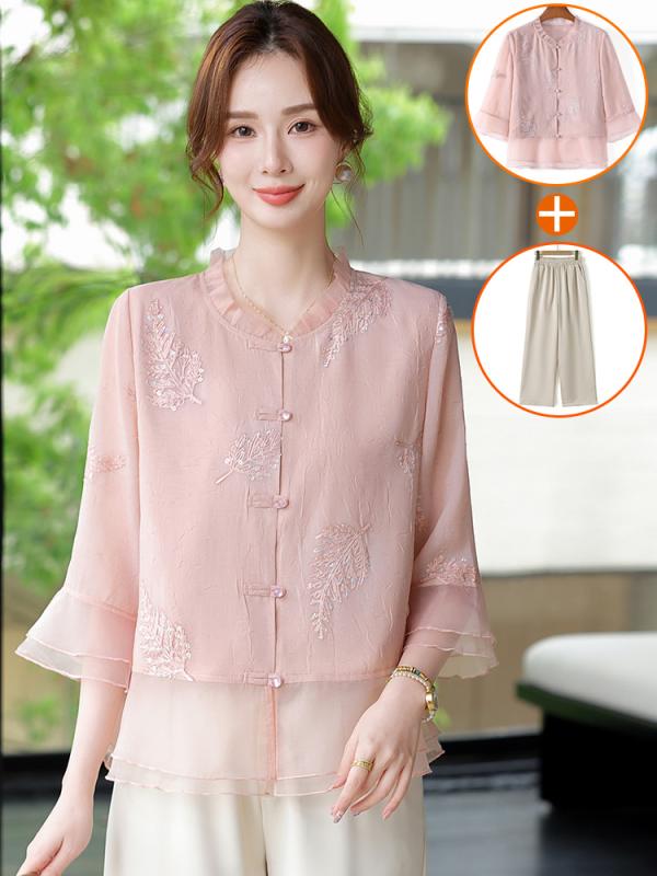 レディース ファッション おしゃれ 春夏 秋冬 大人 上品 高級 マダム ミス ミセス プレゼント 母 夏 ドレス 西洋 カーディガン 民族 半袖 トップス 女性 ファッション レース シンプル パンツ セット|YKC8