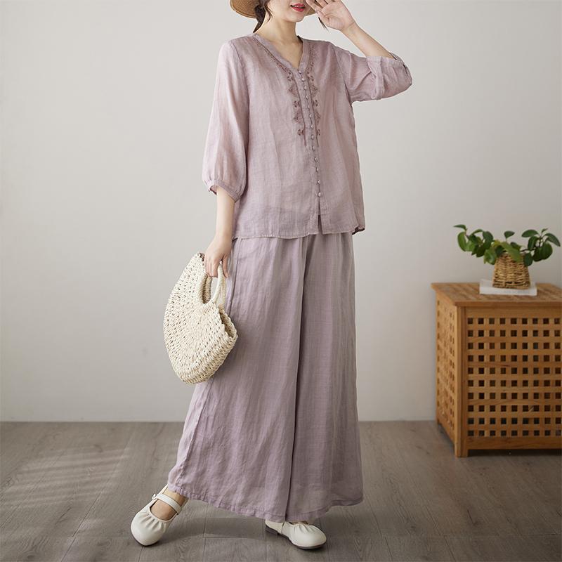 レディース ファッション おしゃれ 春夏 秋冬 大人 上品 高級 マダム ミス ミセス プレゼント ママ コットン& リネン スーツ 女性用 夏 カジュアル 入り トップス ワイド レッグ パンツ リネン ツーピース シンプル セット