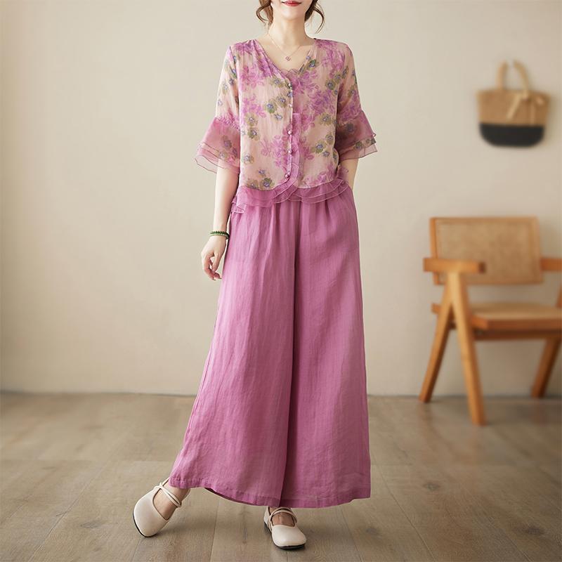 レディース ファッション おしゃれ 春夏 秋冬 大人 上品 高級 マダム ミス ミセス プレゼント ママ 夏 レトロ エスニック プリント スーツ 女性 春夏 花柄 シャツ ワイド レッグ パンツ ツーピース セット 花 シンプル｜YKC8