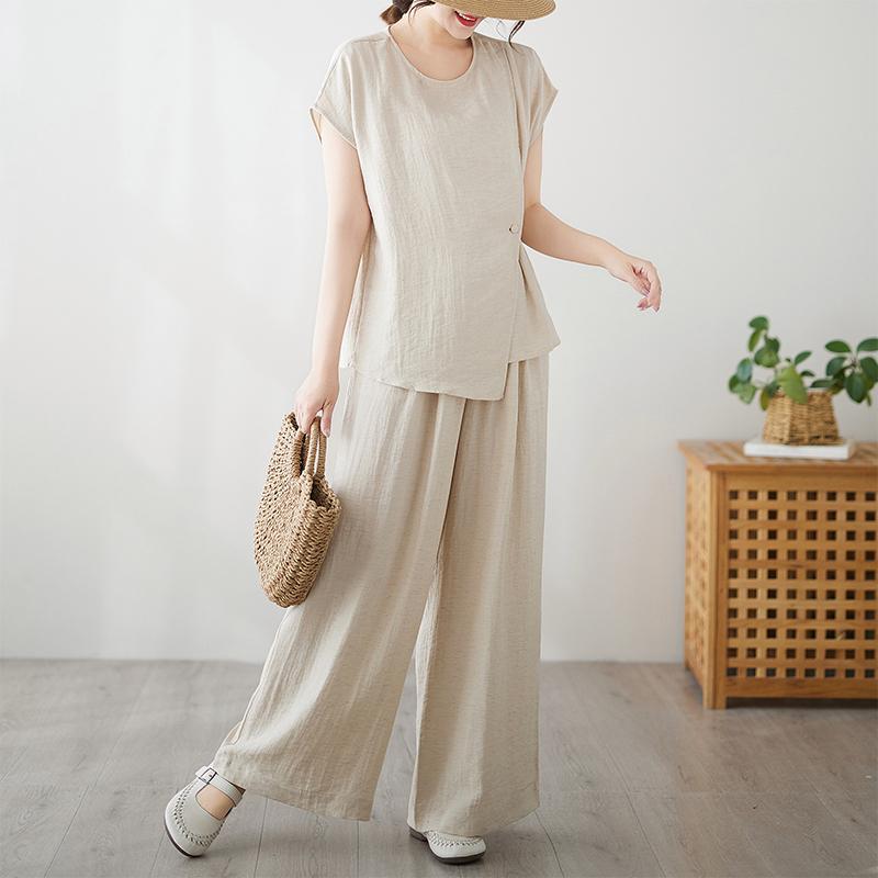 レディース ファッション おしゃれ 春夏 秋冬 大人 上品 高級 マダム ミス ミセス プレゼント 母 夏 綿麻 スーツ 女性 夏 ワンセット 半袖 トップス ツーピース シンプル パンツ セット｜YKC8
