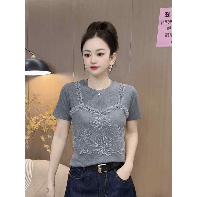 レディース ファッション おしゃれ 春夏 秋冬 大人 上品 高級 マダム ミス ミセス プレゼント 女性用 レース スプライシング フェイク ツーピース 半袖 Tシャツ 夏 エレガント 女性 ラウンドネック 半袖 トップス シンプル フリル かわいい|YKC8