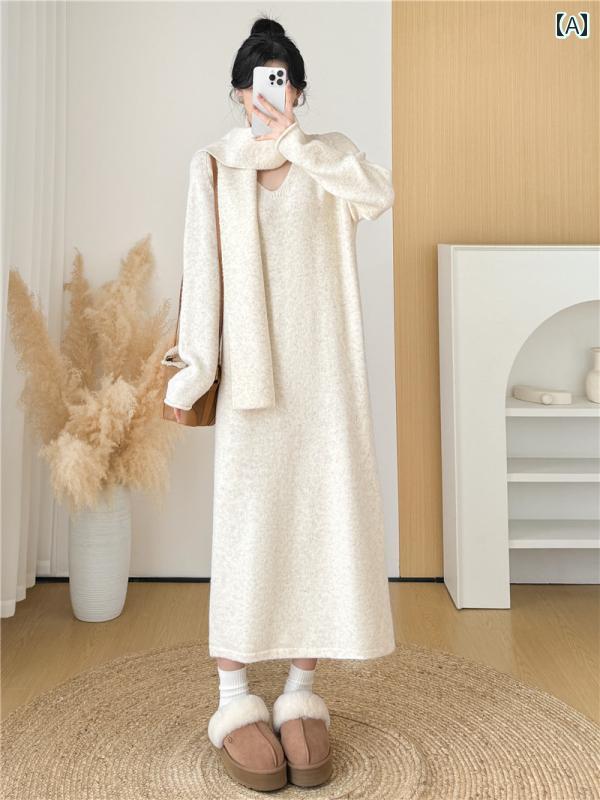 レディース ファッション 春夏 秋冬 オシャレ かわいい 韓国 女性 レトロオフホワイトニットドレス 紫色 セーター スカートスカート｜YKC8