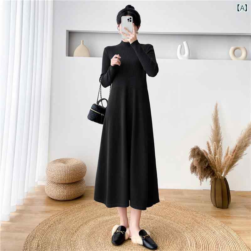 レディース ファッション 春夏 秋冬 オシャレ かわいい 韓国 女性用 ハーフタートルネック 長袖 ニットドレス インナーウエストロングスカートスリムレイヤリング セーター ドレス