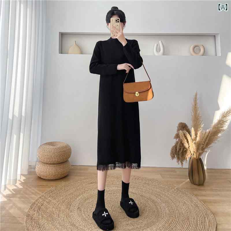 レディース ファッション 春夏 秋冬 オシャレ かわいい 韓国 ハーフタートルネックインナーニットドレス 女性 スリミングカジュアルタッセル セーター スカート 柄 人|YKC8