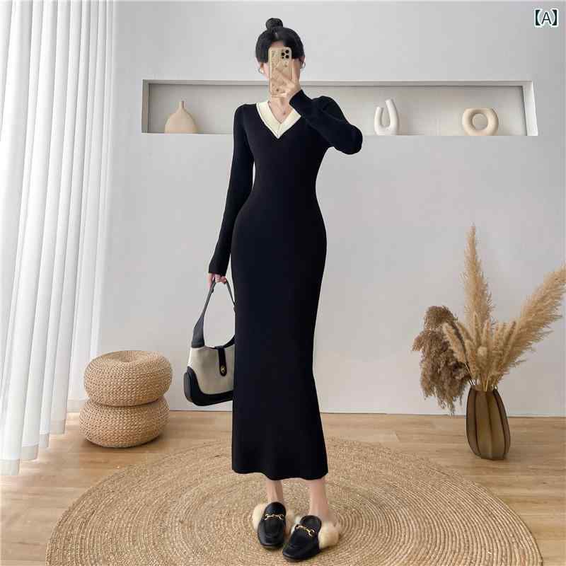 レディース ファッション 春夏 秋冬 オシャレ かわいい 韓国 女性 ニットドレススーパーロングスリムフィットヒップハグスリムインナー セーター スカートロングスカート