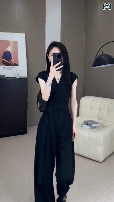 レディース ファッション 春夏 秋冬 オシャレ かわいい 韓国 フランス ノースリーブジャンプスーツ 夏 ウエストスリムストレートパンツ｜YKC8