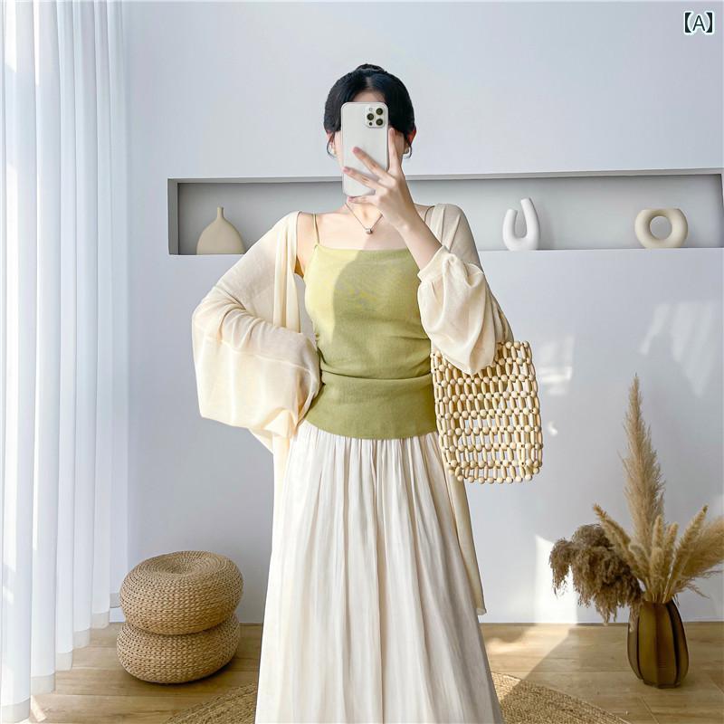 レディース ファッション 春夏 秋冬 オシャレ かわいい 韓国 日焼 防止 ニットカーディガン 女性用薄手 サマーショールショートトップ 長袖 サスペンダースカートブラウス ジャケット |YKC8