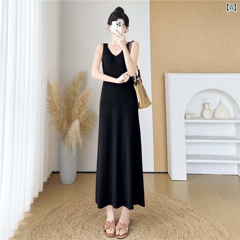 レディース ファッション 春夏 秋冬 オシャレ かわいい 韓国 大きいサイズ 黒 ワンピースドレス 夏 スカート 大きいサイズ お腹 カバー 薄手 ニットベストロングスカート |YKC8