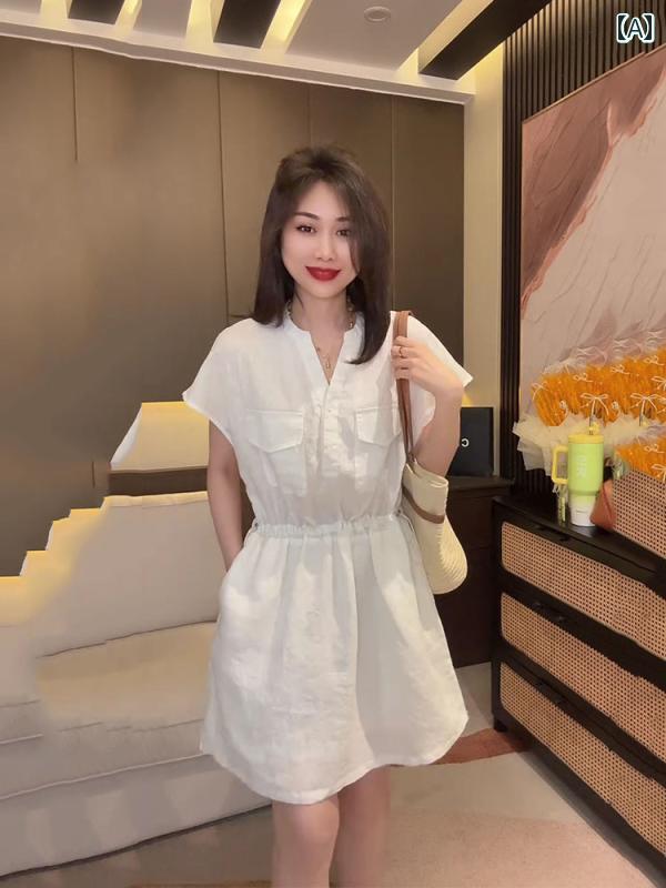 レディース ファッション 春夏 秋冬 オシャレ かわいい 韓国 夏 カジュアルドローストリングウエスト 無地 スリムヨーロピアン 半袖 リネンドレス |YKC8