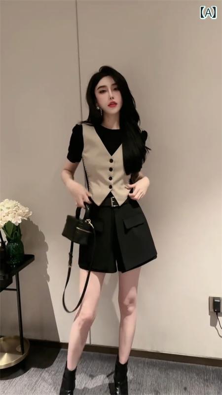 レディース ファッション 春夏 秋冬 オシャレ かわいい 韓国 高級婦人服 夏 スリムフィットベストステッチTフェイクツーピースショーツスーツ|YKC8
