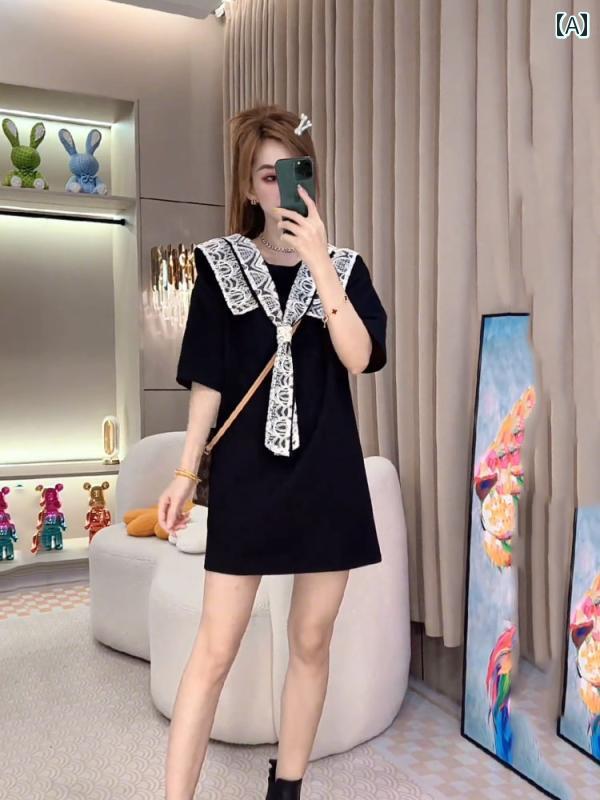 レディース ファッション 春夏 秋冬 オシャレ かわいい 韓国 韓国 ネイビーカラードレス スリミング レースリボン 大きいサイズT|YKC8