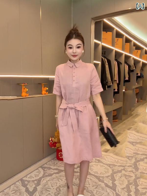 レディース ファッション 春夏 秋冬 オシャレ かわいい 韓国 夏 カジュアルスリムポロカラーネクタイ 無地半袖 リネンドレス |YKC8