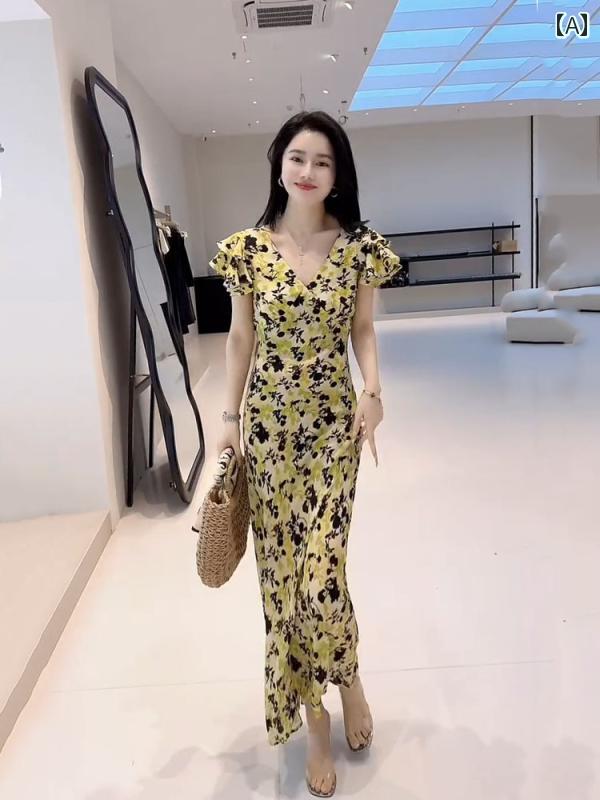 レディース ファッション 春夏 秋冬 オシャレ かわいい 韓国 フランスホリデー 花柄 ドレス 夏蓮葉袖 スプライシングハイウエストロングスリムドレス｜YKC8 28,899円