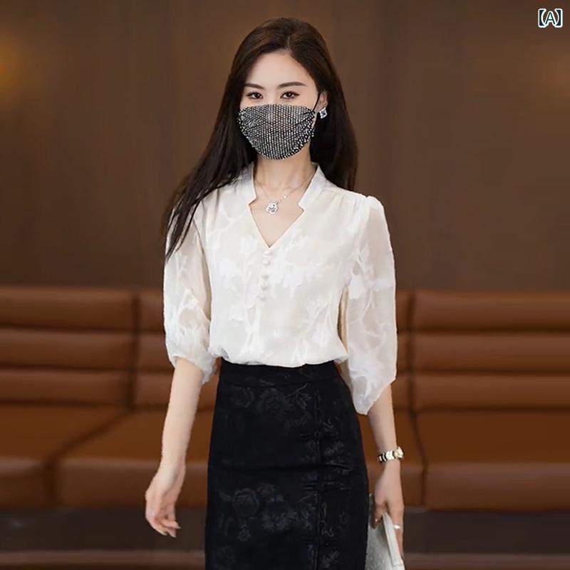 レディース ファッション 春夏 秋冬 オシャレ かわいい 韓国 スタイリッシュ ジャカード 高級夏 スリムシフォン 快適 トップス｜YKC8