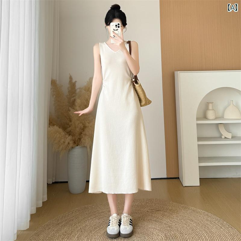 レディース ファッション 春夏 秋冬 オシャレ かわいい 韓国 ホワイトニットベストドレス 夏 フレンチウエストプリーツaラインロングスカート|YKC8