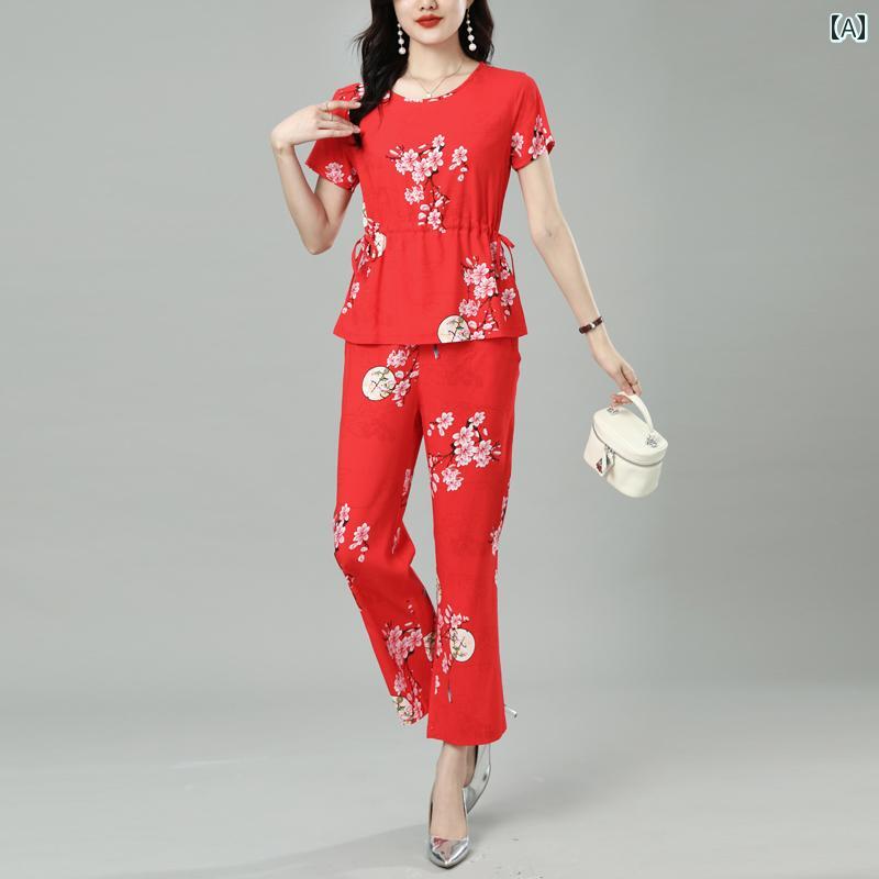 レディース ファッション 春夏 秋冬 オシャレ かわいい 韓国 女性用 綿 夏外着用可能半袖 フレア パンツツーピーススーツ｜YKC8