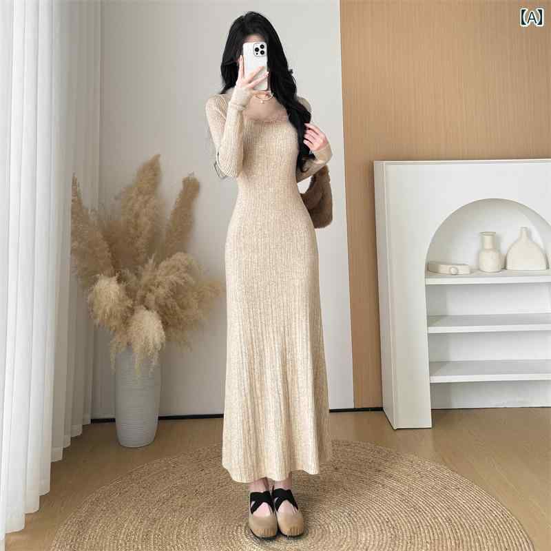 レディース ファッション 春夏 秋冬 オシャレ かわいい 韓国 フレンチスクエアネックニットドレス用 切りっぱなし エッジスリムフィットヒップ インナーボトムロングスカート