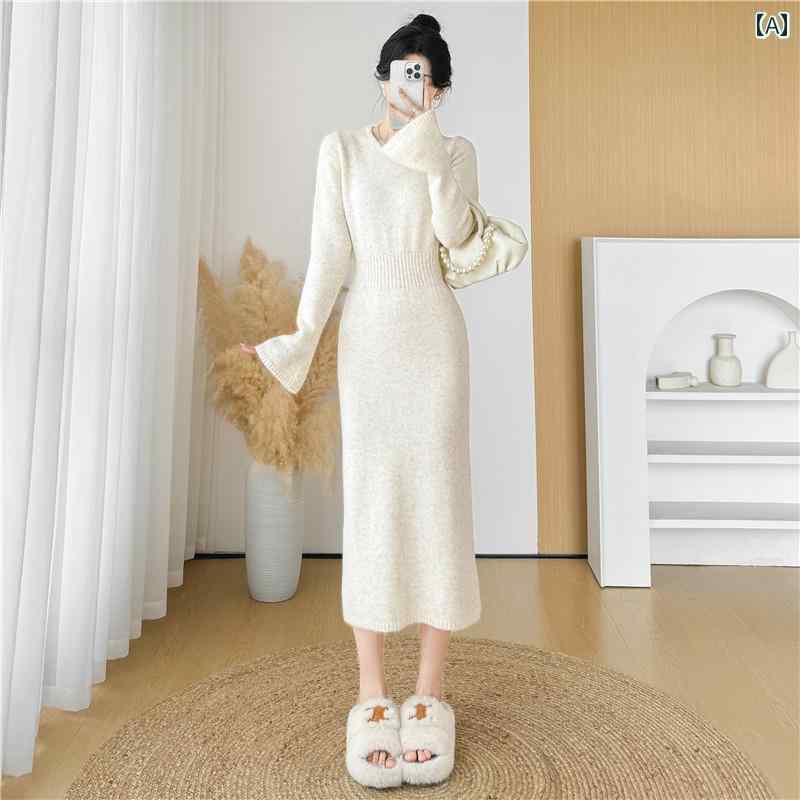 レディース ファッション 春夏 秋冬 オシャレ かわいい 韓国 ウエストスリムニットドレス 女性用 フレンチミディアムロングスリムカート｜YKC8