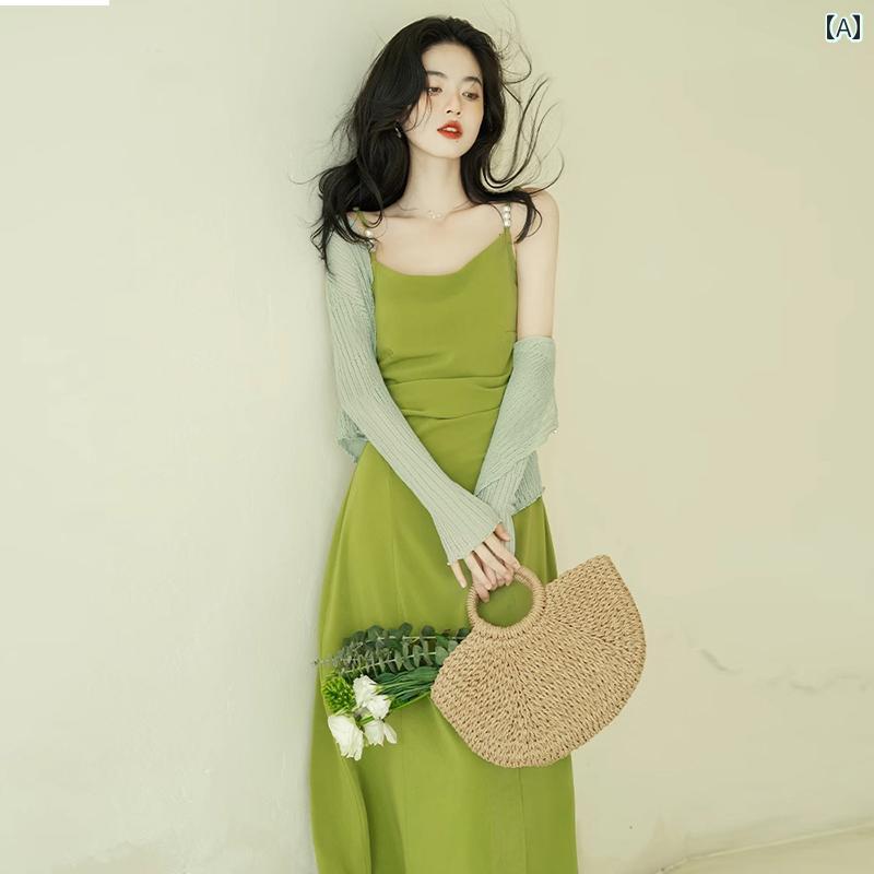レディース ファッション 春夏 秋冬 オシャレ かわいい 韓国 高級美 スーパーフェアリーサマーカーディガン 夏 ツーピースフレンチグリーンドレス ｜YKC8