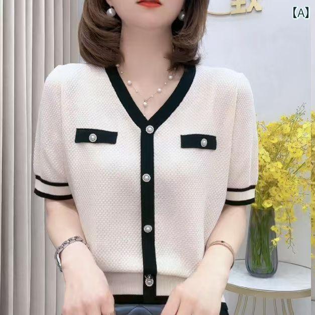 レディース ファッション 春夏 秋冬 オシャレ かわいい 韓国冷 ニット 半袖T 夏薄手配色 トップス|YKC8