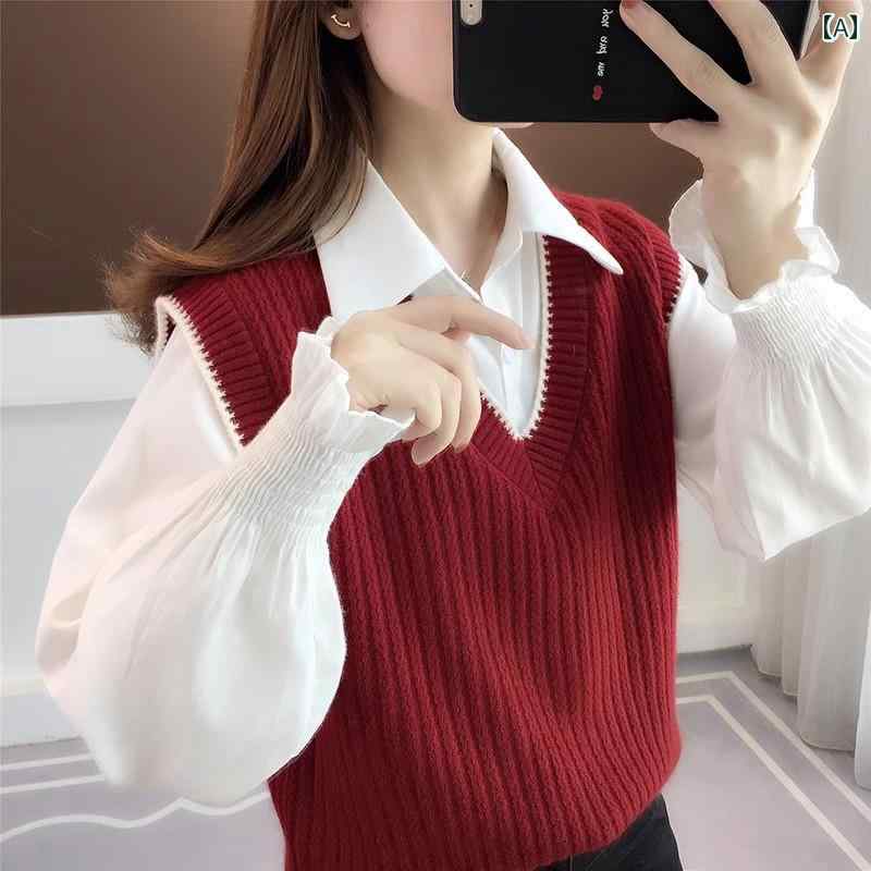 レディース ファッション 春夏 秋冬 オシャレ かわいい 韓国 ネットベスト 春　秋 アウターツーピーススーツ セーター ベストニットインナー｜YKC8