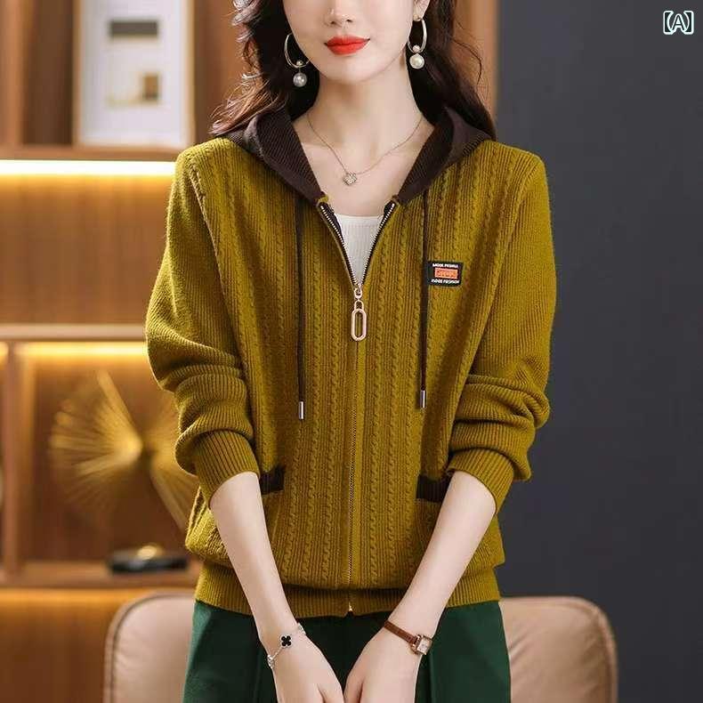 レディース ファッション 春夏 秋冬 オシャレ かわいい 韓国 フード セーター ジャケット 春服 春 秋 ジッパーアウターニットカーディガン スリム|YKC8
