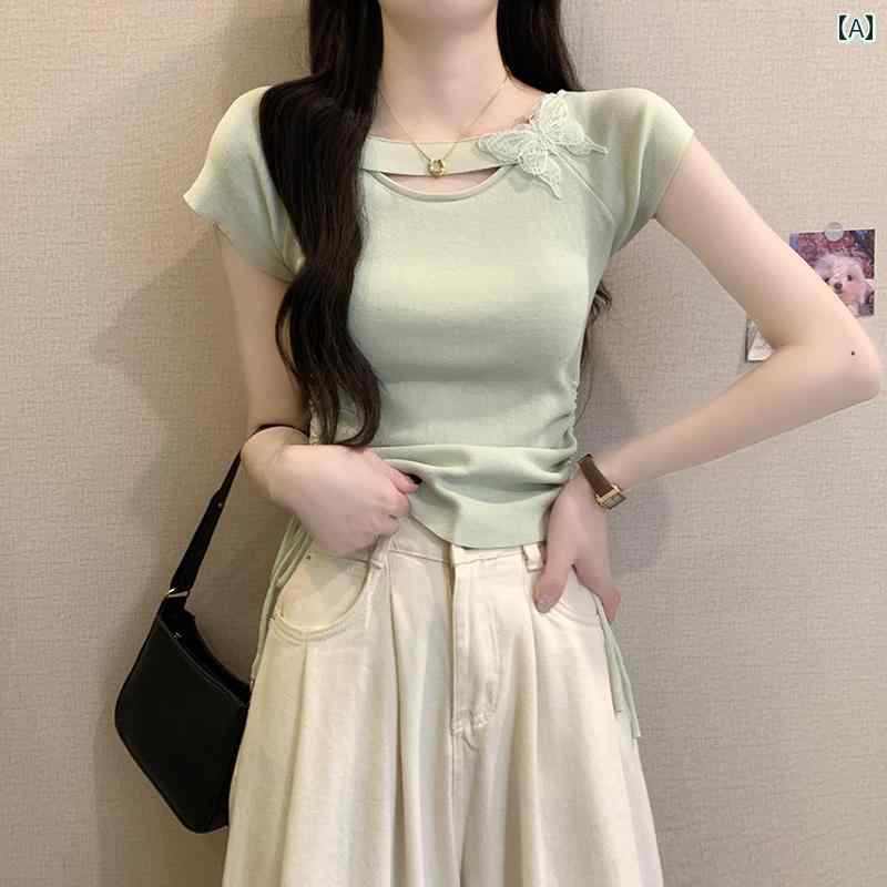 レディース ファッション 春夏 秋冬 オシャレ かわいい 韓国 ミントグリーンリボン 半袖 トップス 女性用 夏 ウエスト ショートT