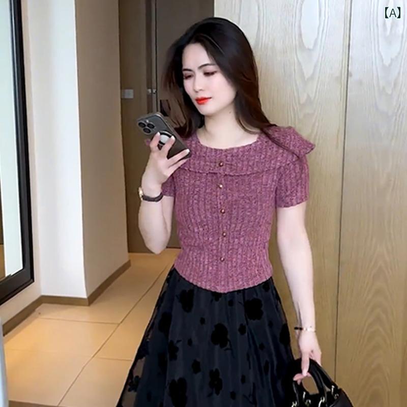 レディース ファッション 春夏 秋冬 オシャレ かわいい 韓国 スーツスカート 夏 スタイリッシュスリム 半袖Tトップメッシュスカートツーピーススーツ|YKC8