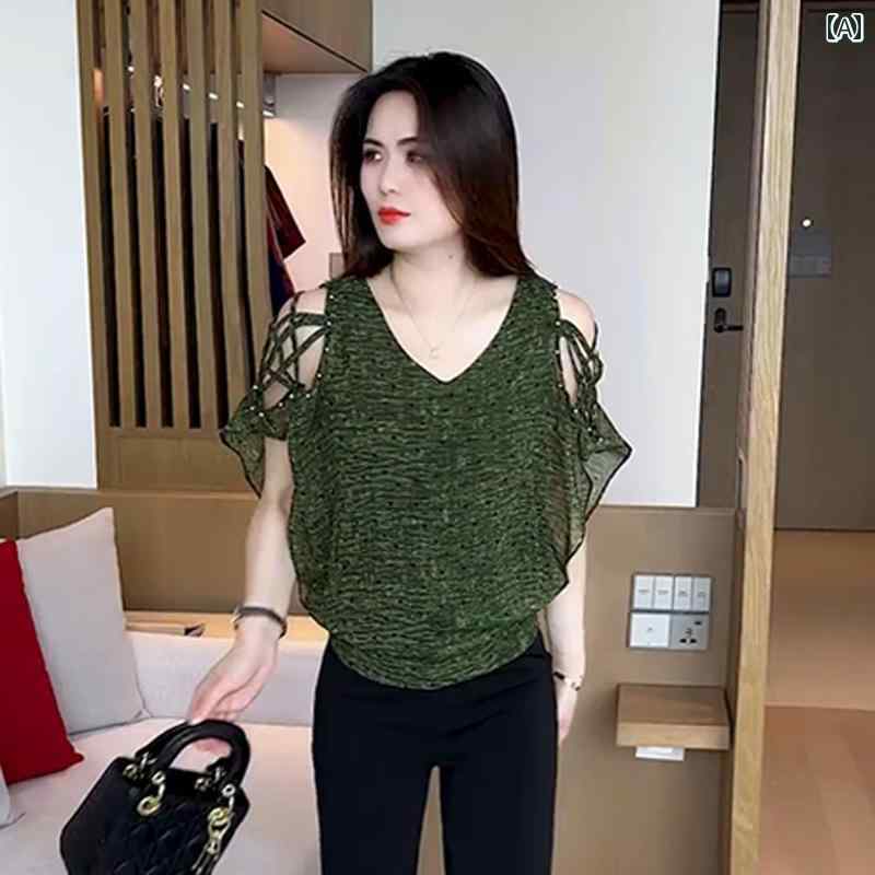 レディース ファッション 春夏 秋冬 オシャレ かわいい 韓国 スーツ 夏 オフショルダーシフォントップスフレアパンツツーピーススーツ｜YKC8