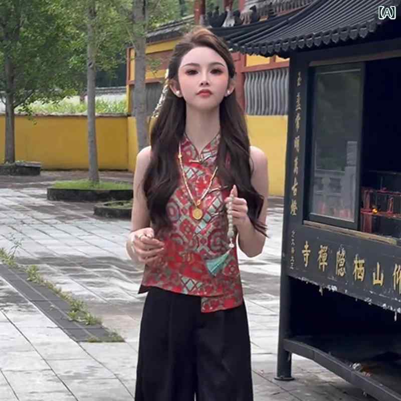 レディース ファッション 春夏 秋冬 オシャレ かわいい 韓国 女性 スーツ 夏 ノースリーブボタン トップワイドレッグパンツツーピーススーツ|YKC8