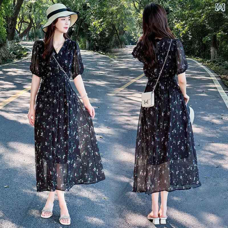 レディース ファッション 春夏 秋冬 オシャレ かわいい 韓国 スタイリッシュ ドレス 夏高級 フレンチフローラルフェアリードレスシフォンロングスカート