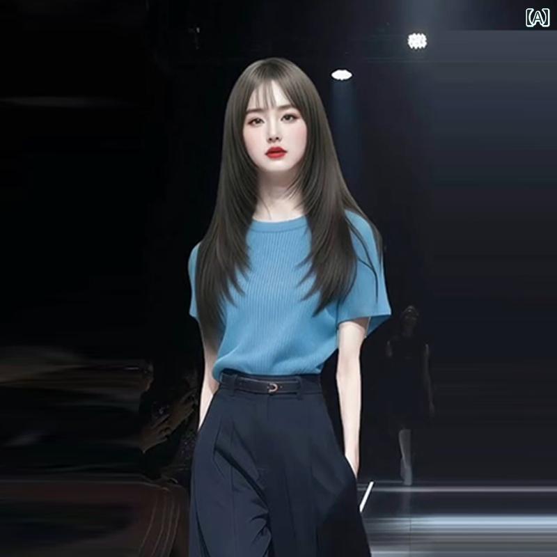 レディース ファッション 春夏 秋冬 オシャレ かわいい 韓国 スーツ 夏 スタイリッシュスリム 半袖Tトップスワイドレッグパンツツーピーススーツ|YKC8