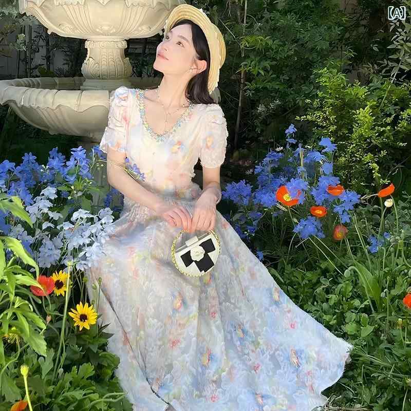 レディース ファッション 春夏 秋冬 オシャレ かわいい 韓国 サマードレスロングスカートウエスト 夏半袖 フランスストラップドレス|YKC8