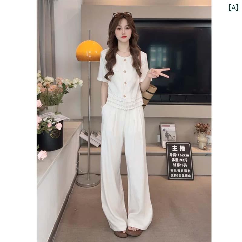 レディース ファッション 春夏 秋冬 オシャレ かわいい 韓国 リラックス ツーピーススーツ 夏 ウッドイヤーエッジトップハイウエストワイドレッグパンツスーツ|YKC8