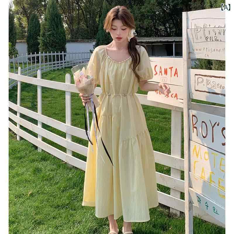レディース ファッション 春夏 秋冬 オシャレ かわいい 韓国 フレンチパフスリーブクリームイエロードレス 夏 ドレス|YKC8
