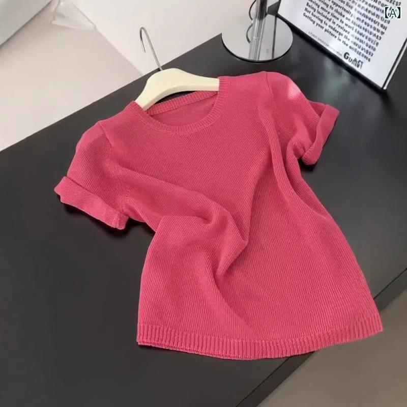 レディース ファッション 春夏 秋冬 オシャレ かわいい 韓国 大きいサイズショルダー 半袖T女性用夏用 スーパースリム ニット セーター トップ|YKC8